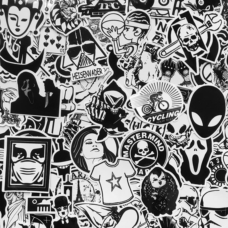 AQK 120Pcs Cool Black White Motorcycle Stickers Graffiti Bomb Decals Sticker Pack DIY Skateboard Luggage Laptop Bike Guitar Car