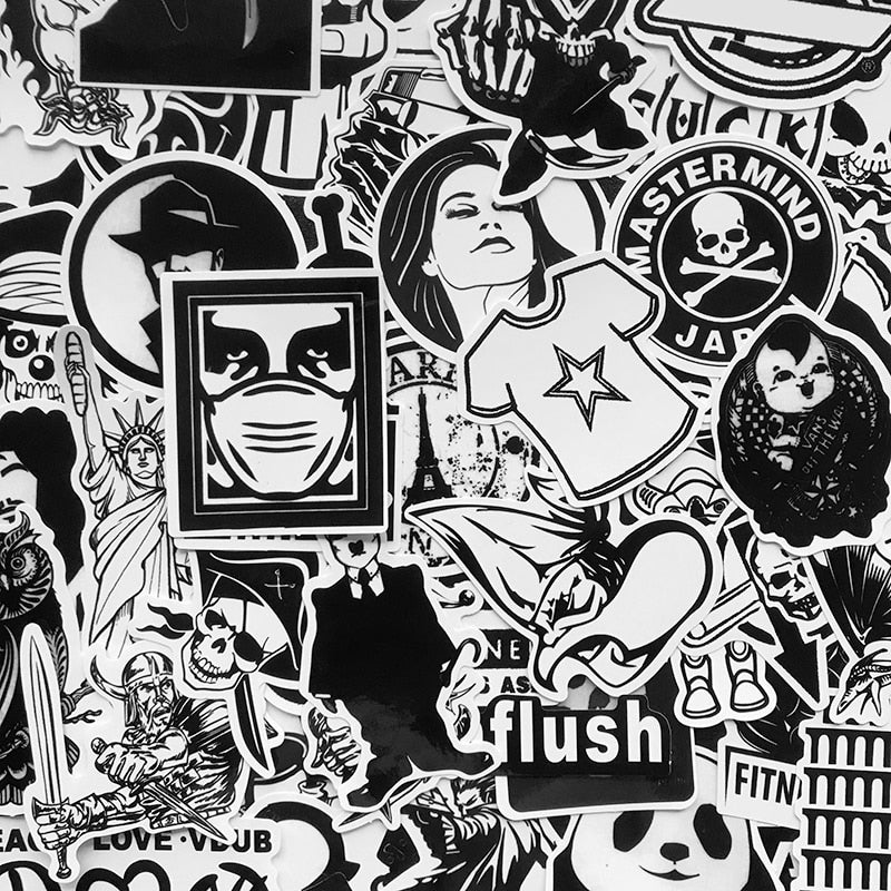 AQK 120Pcs Cool Black White Motorcycle Stickers Graffiti Bomb Decals Sticker Pack DIY Skateboard Luggage Laptop Bike Guitar Car