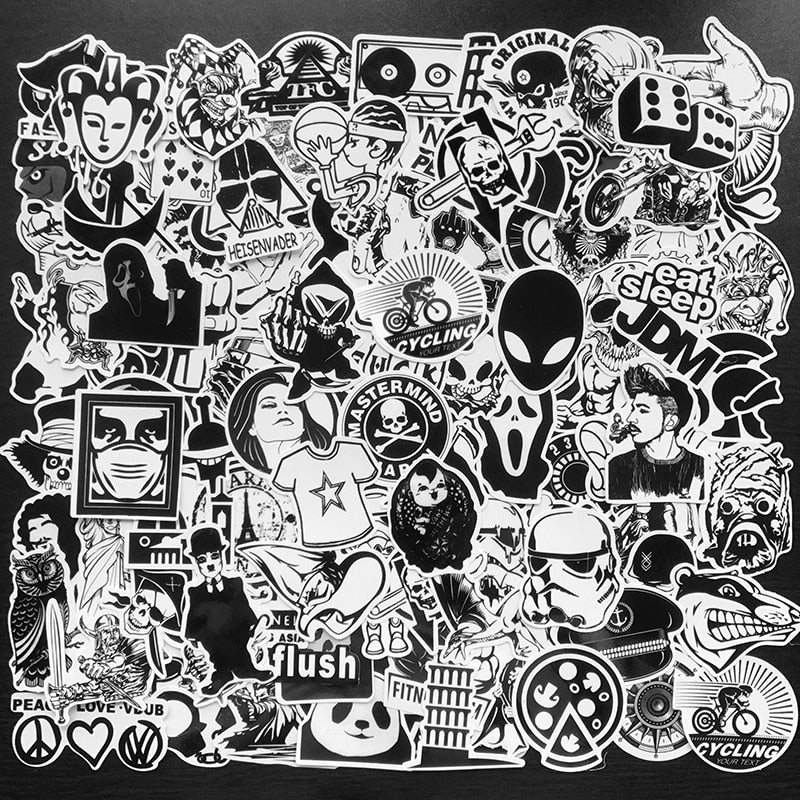 AQK 120Pcs Cool Black White Motorcycle Stickers Graffiti Bomb Decals Sticker Pack DIY Skateboard Luggage Laptop Bike Guitar Car